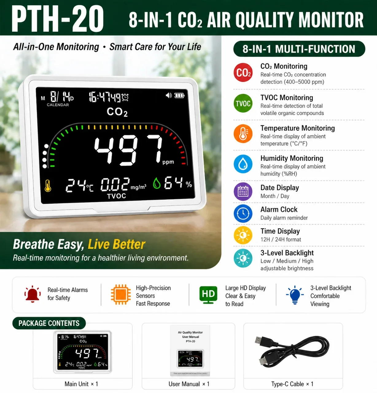 FABISENSE Carbon Dioxide Alarm Clock with big LCD Display CO2 & TVOC Real Time Data Monitoring Multifunctional home assistant
FABISENSE Carbon Dioxide Alarm Clock with big LCD Display CO2 & TVOC Real Time Data Monitoring Multifunctional home assistant