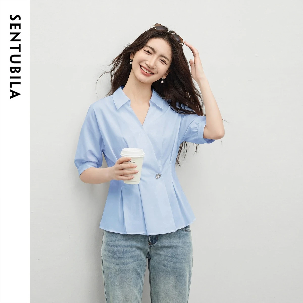 SENTUBILA Women's Fashion Blue Casual Shirt Minimalist Office V Lapel Collar Double Breasted Half Sleeve Slim Blouse 162CB6581X
SENTUBILA Women's Fashion Blue Casual Shirt Minimalist Office V Lapel Collar Double Breasted Half Sleeve Slim Blouse 162CB6581X