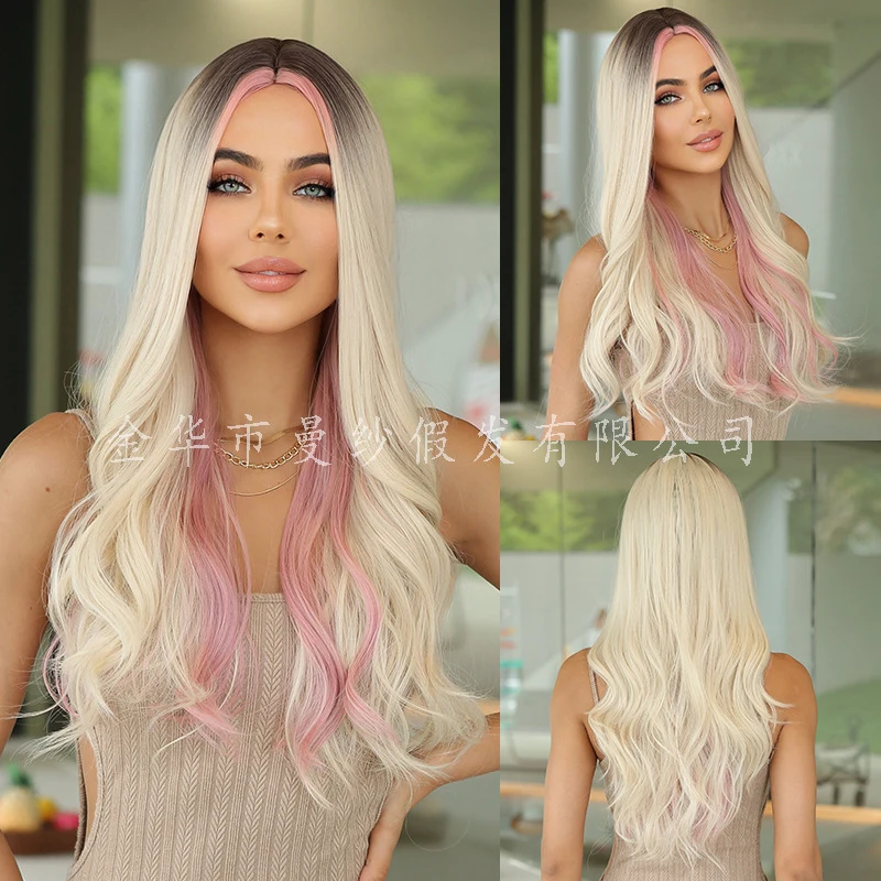 High-temperature women's wig with white-pink gradient highlights, wavy synthetic fiber full headpiece
High-temperature women's wig with white-pink gradient highlights, wavy synthetic fiber full headpiece