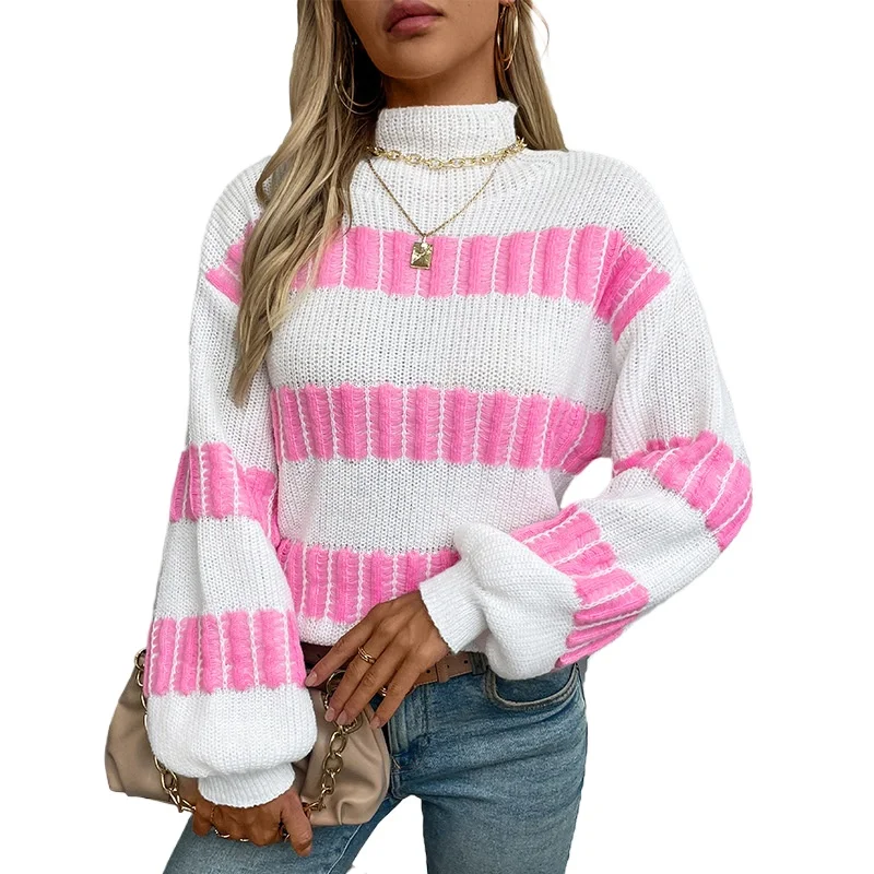 Полосатый женский свитер-пуловер: модный, универсальный, свободный крой, полувысокий воротник, вязаная одежда для осени и зимы.
Полосатый женский свитер-пуловер: модный, универсальный, свободный крой, полувысокий воротник, вязаная одежда для осени и зимы.