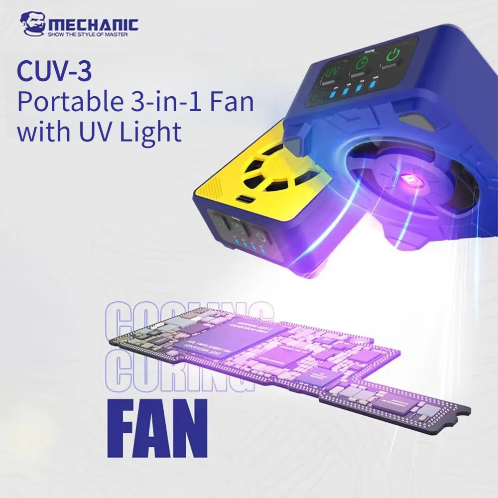 MECHANIC CUV-3 Portable 3-in-1 Fan Dual Bearing High-Speed Cooling Fan with UV Light for PCB Soldering
MECHANIC CUV-3 Portable 3-in-1 Fan Dual Bearing High-Speed Cooling Fan with UV Light for PCB Soldering