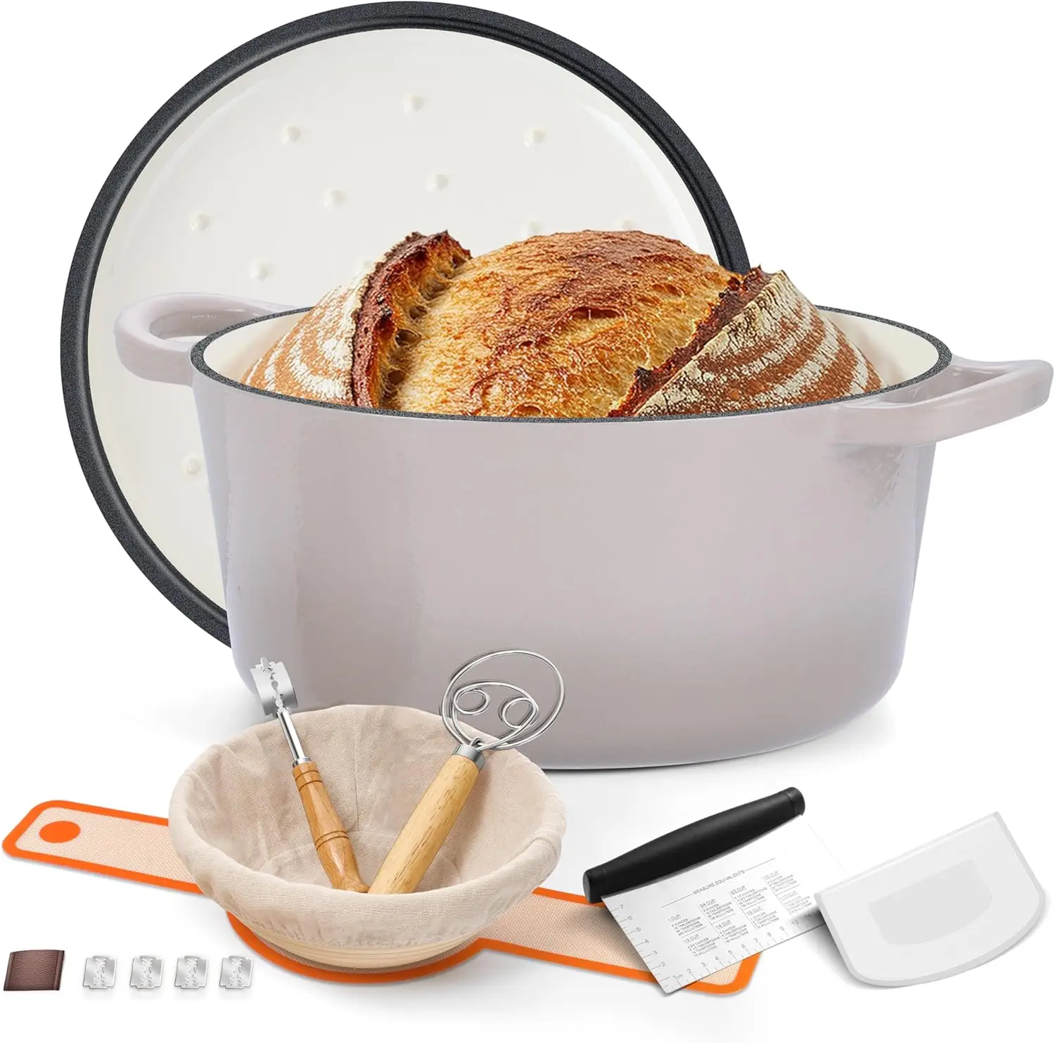 6QT Enameled Dutch Oven for Bread Baking, Heavy Duty Cast Iron Cookware with Self-Basting Lid, Sourdough Baking Kit Included, Khaki
6QT Enameled Dutch Oven for Bread Baking, Heavy Duty Cast Iron Cookware with Self-Basting Lid, Sourdough Baking Kit Included, Khaki