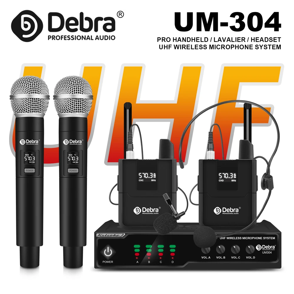 Debra UM-304 4-Channel Wireless Microphone System, Lavalier/Handheld Microphones, 80m Range, for Karaoke, Churches, and Parties
Debra UM-304 4-Channel Wireless Microphone System, Lavalier/Handheld Microphones, 80m Range, for Karaoke, Churches, and Parties