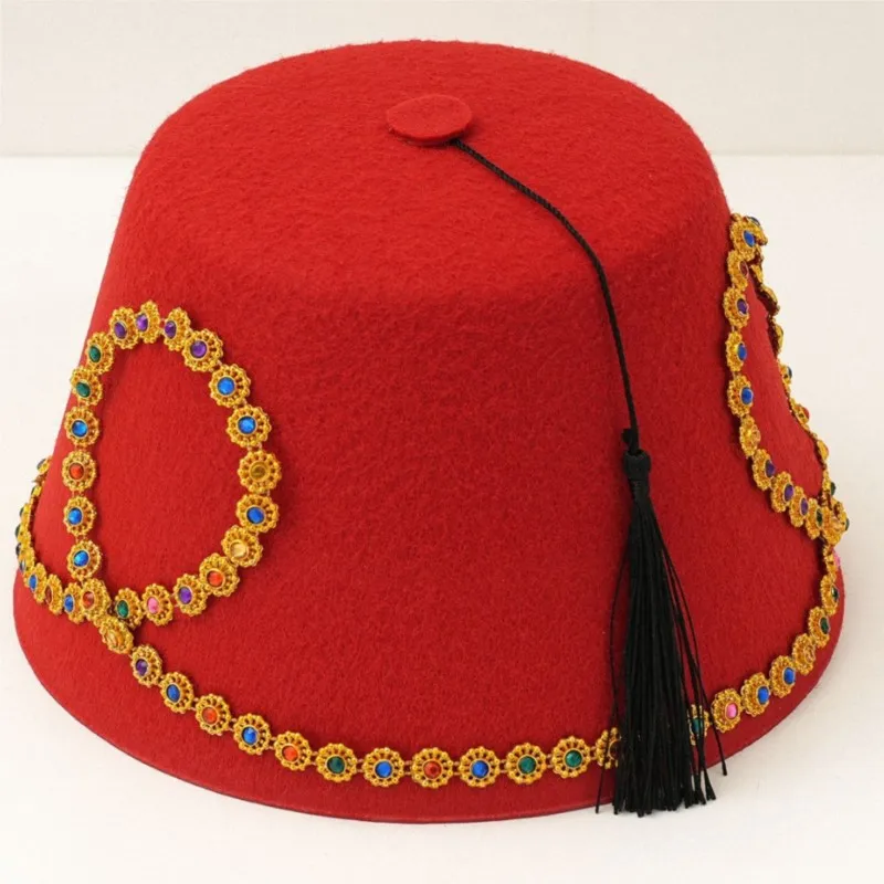 Ethnic style red felt Turkish hat with colorful golden tassel borders exotic luxury
Ethnic style red felt Turkish hat with colorful golden tassel borders exotic luxury