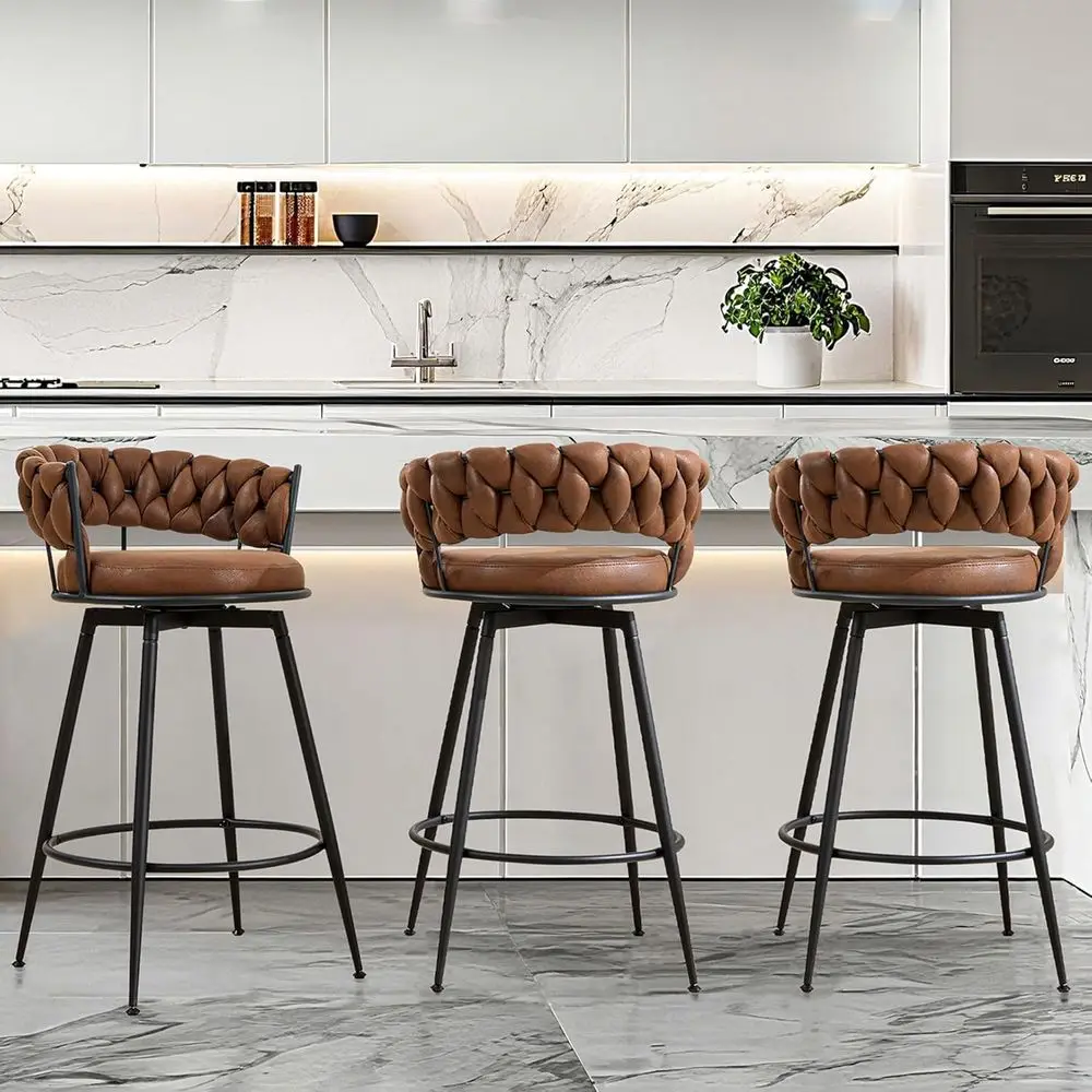 Set of 3, 28 Counter Height Swivel Bar Stools with Metal Legs, Woven Back and Upholstered Suede Seat
Set of 3, 28 Counter Height Swivel Bar Stools with Metal Legs, Woven Back and Upholstered Suede Seat