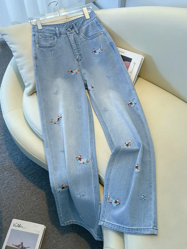 Light Blue Cartoon Embroidered Denim Pants Women's High Waist Wide Leg Jeans Spring Summer New Style European plus Size Slimming
Light Blue Cartoon Embroidered Denim Pants Women's High Waist Wide Leg Jeans Spring Summer New Style European plus Size Slimming
