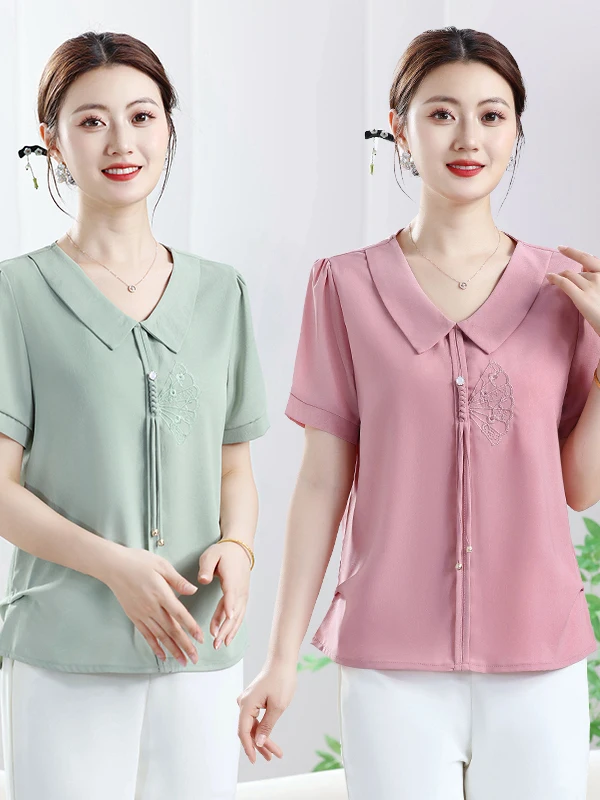 New 2026 Chiffon Shirt Doll Collar Mid-Late Women's Summer Clothes T-Shirt Small Shirt Polyester Fiber Loose Fit Embroidered
New 2026 Chiffon Shirt Doll Collar Mid-Late Women's Summer Clothes T-Shirt Small Shirt Polyester Fiber Loose Fit Embroidered