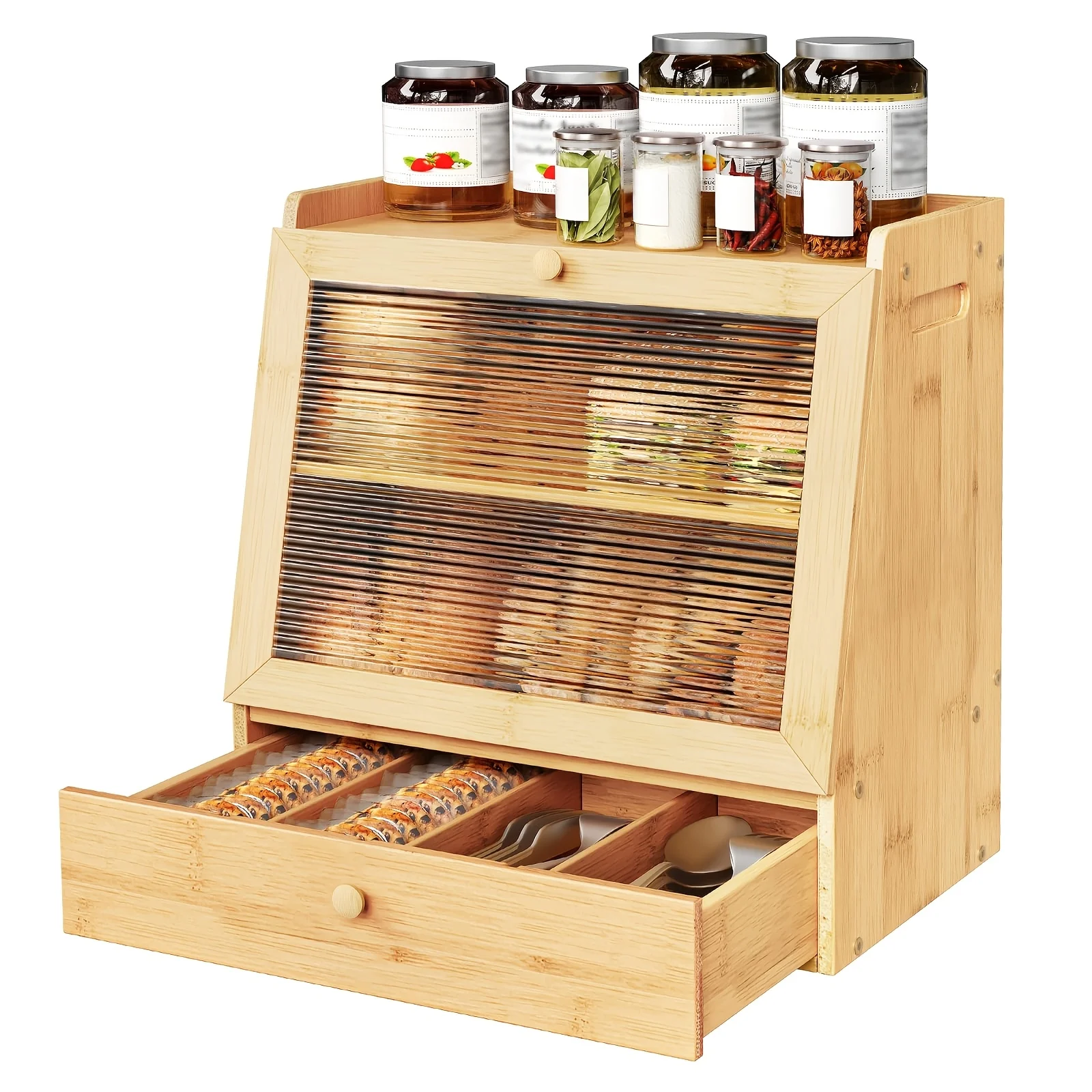 Natural Bamboo Bread Box with Double Layer Storage & Flip-Door Lid Suitable for Kitchen Countertop, Pantry Organizer
Natural Bamboo Bread Box with Double Layer Storage & Flip-Door Lid Suitable for Kitchen Countertop, Pantry Organizer