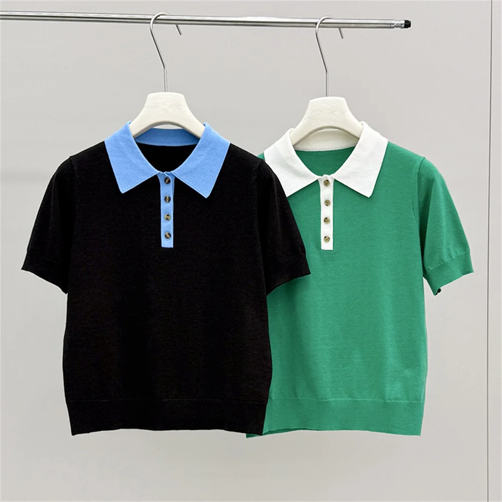 Polo Collar Knitted Short-Sleeve Top Women's Casual Color-Blocked Knitwear Clothing
Polo Collar Knitted Short-Sleeve Top Women's Casual Color-Blocked Knitwear Clothing