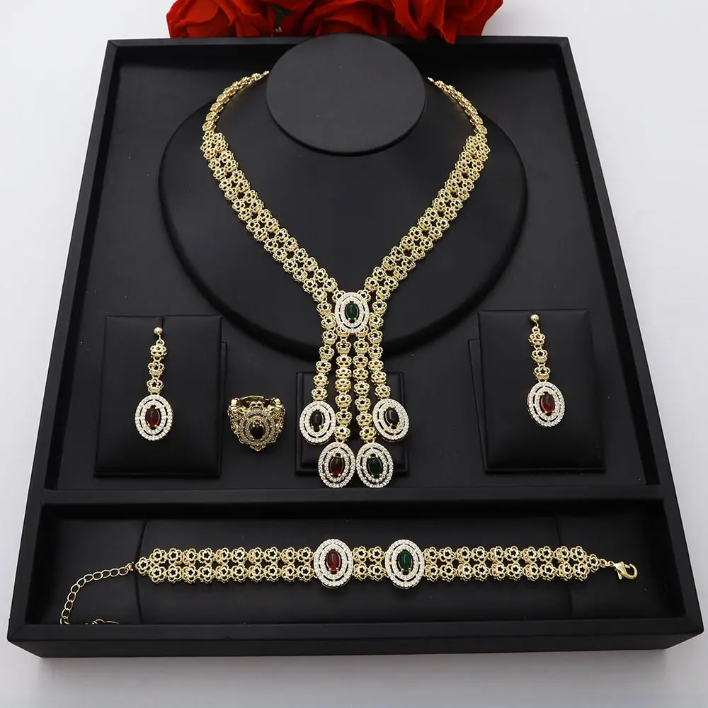 Dubai Nigeria 18k Gold Plated Jewelry Set Exquisite Design Various Color Gemstone Decoration Necklace Earrings Bracelet And Ring
Dubai Nigeria 18k Gold Plated Jewelry Set Exquisite Design Various Color Gemstone Decoration Necklace Earrings Bracelet And Ring