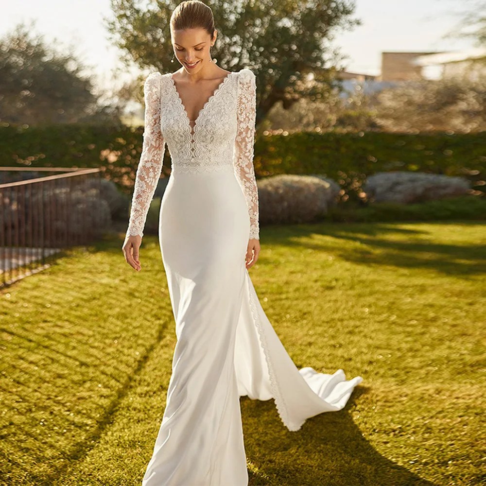 Romantic Customized Lace Appliques Bridal Gowns Fashion Mermaid Satin Wedding Dress Elegant V-neck Long Sleeves Vestido De Novia
Romantic Customized Lace Appliques Bridal Gowns Fashion Mermaid Satin Wedding Dress Elegant V-neck Long Sleeves Vestido De Novia