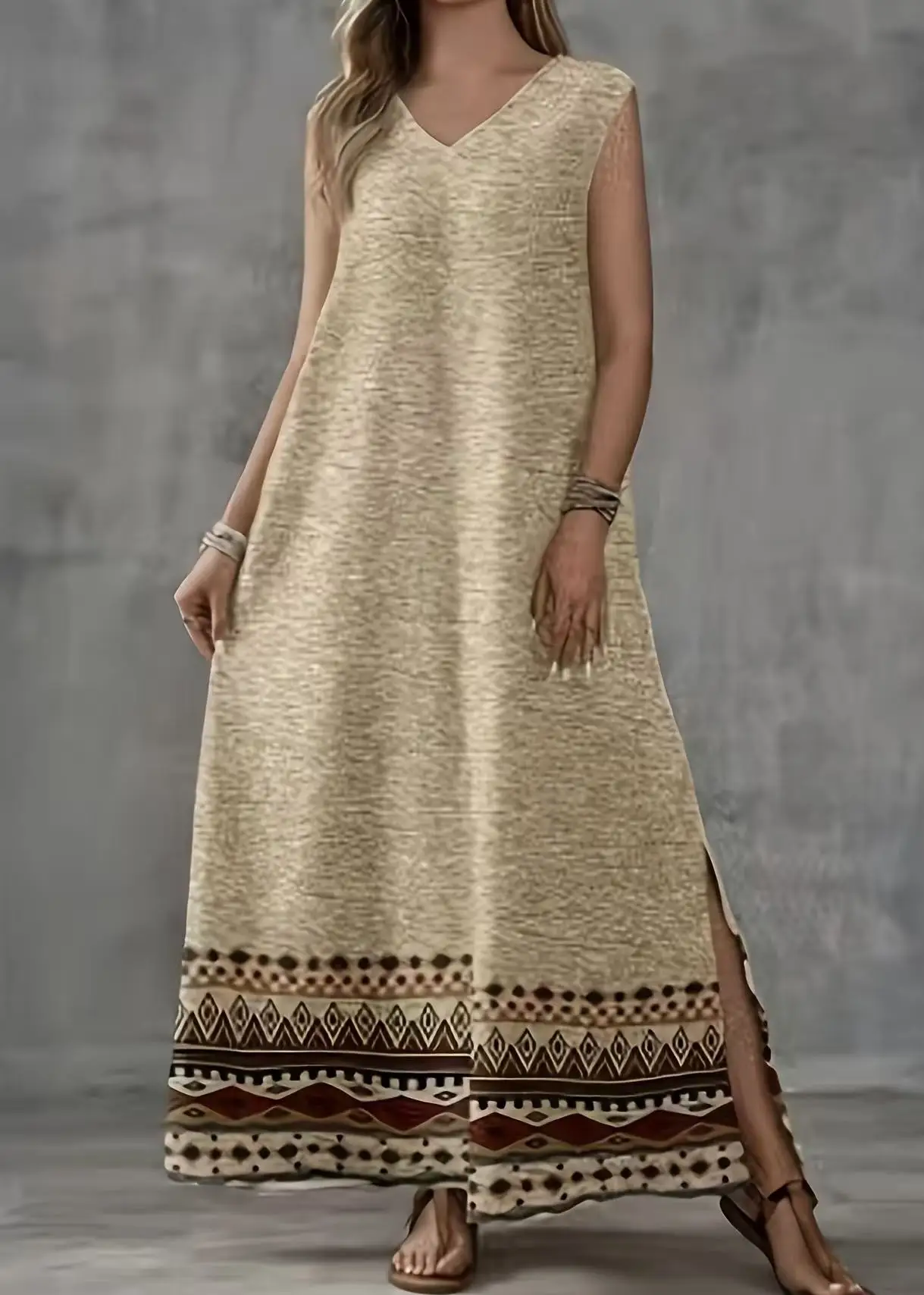 Large exotic ethnic geometric print sleeveless long V-neck loose cotton linen side slit Bohemian vacation dress
Large exotic ethnic geometric print sleeveless long V-neck loose cotton linen side slit Bohemian vacation dress