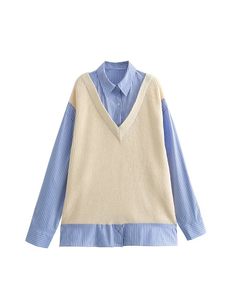 2024 European and American style new fashion casual loose slim fake two-piece knitted vest striped shirt tops for womenc
2024 European and American style new fashion casual loose slim fake two-piece knitted vest striped shirt tops for womenc