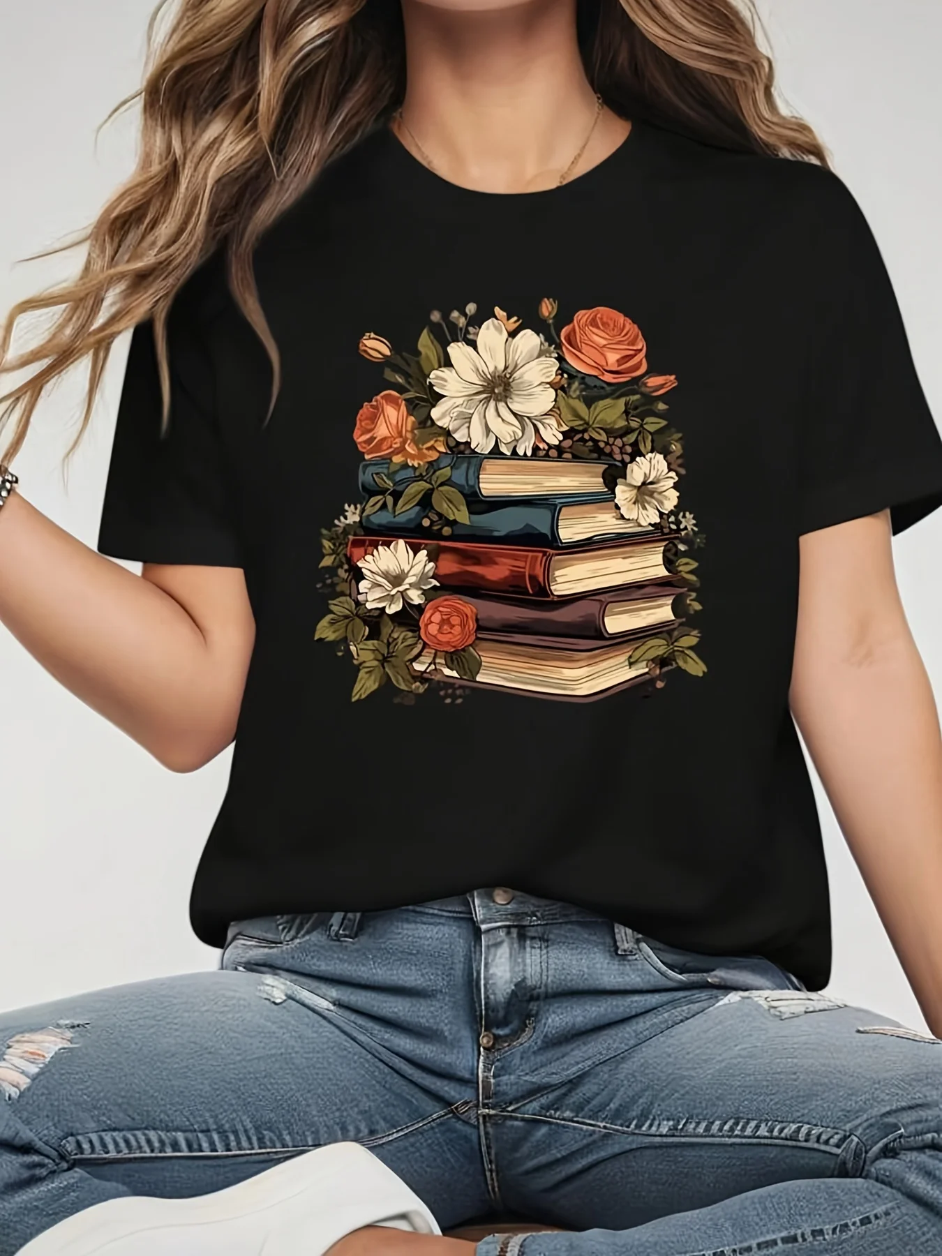 Футболка с круглым вырезом с цветочным принтом и книгой, повседневный топ с короткими рукавами на весну и лето, женская одежда
Футболка с круглым вырезом с цветочным принтом и книгой, повседневный топ с короткими рукавами на весну и лето, женская одежда