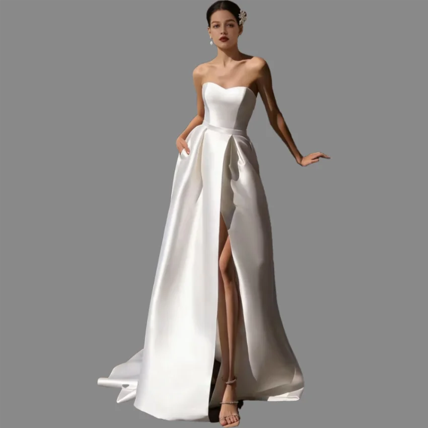 Customized Simple Sweetheart A-Line Satin Wedding Dresses Elegant Sleeveless Bridal Gowns Side Split Robe De Mariée with Pockets
Customized Simple Sweetheart A-Line Satin Wedding Dresses Elegant Sleeveless Bridal Gowns Side Split Robe De Mariée with Pockets