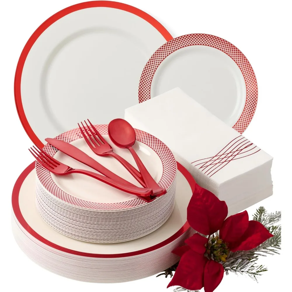 Heavyweight 175-Piece Christmas Dinnerware Set with White and Red Plastic Plates, Silverware, Napkins for 25 Guests
Heavyweight 175-Piece Christmas Dinnerware Set with White and Red Plastic Plates, Silverware, Napkins for 25 Guests