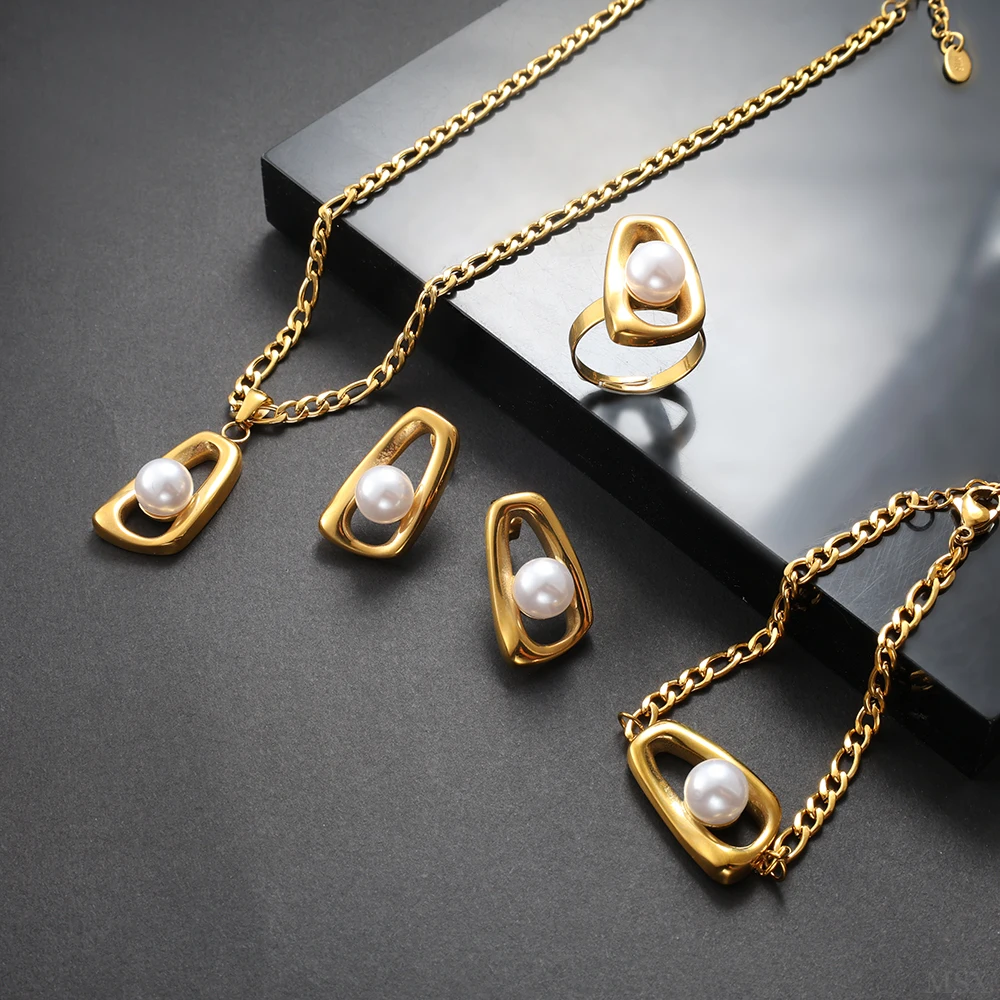 JOVO LOVE Waterproof Stainless Steel Imitation Pearl Irregular Geometry Necklace Bracelet Ring Earrings Women Hollow Jewelry Set
JOVO LOVE Waterproof Stainless Steel Imitation Pearl Irregular Geometry Necklace Bracelet Ring Earrings Women Hollow Jewelry Set