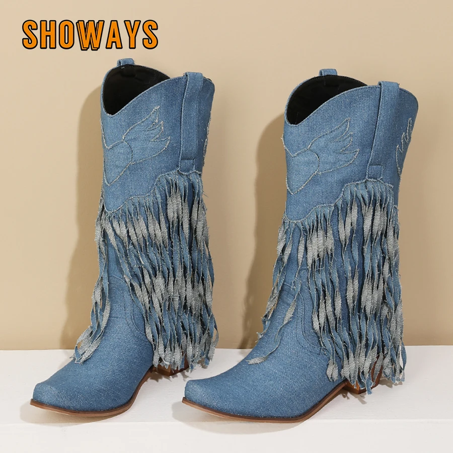 Winter Blue Denim Fringe Western Cowgirl Mid-calf Boots for Women High Block Heel Black Jean Round Toe Tassel Slip-on Half Boots
Winter Blue Denim Fringe Western Cowgirl Mid-calf Boots for Women High Block Heel Black Jean Round Toe Tassel Slip-on Half Boots