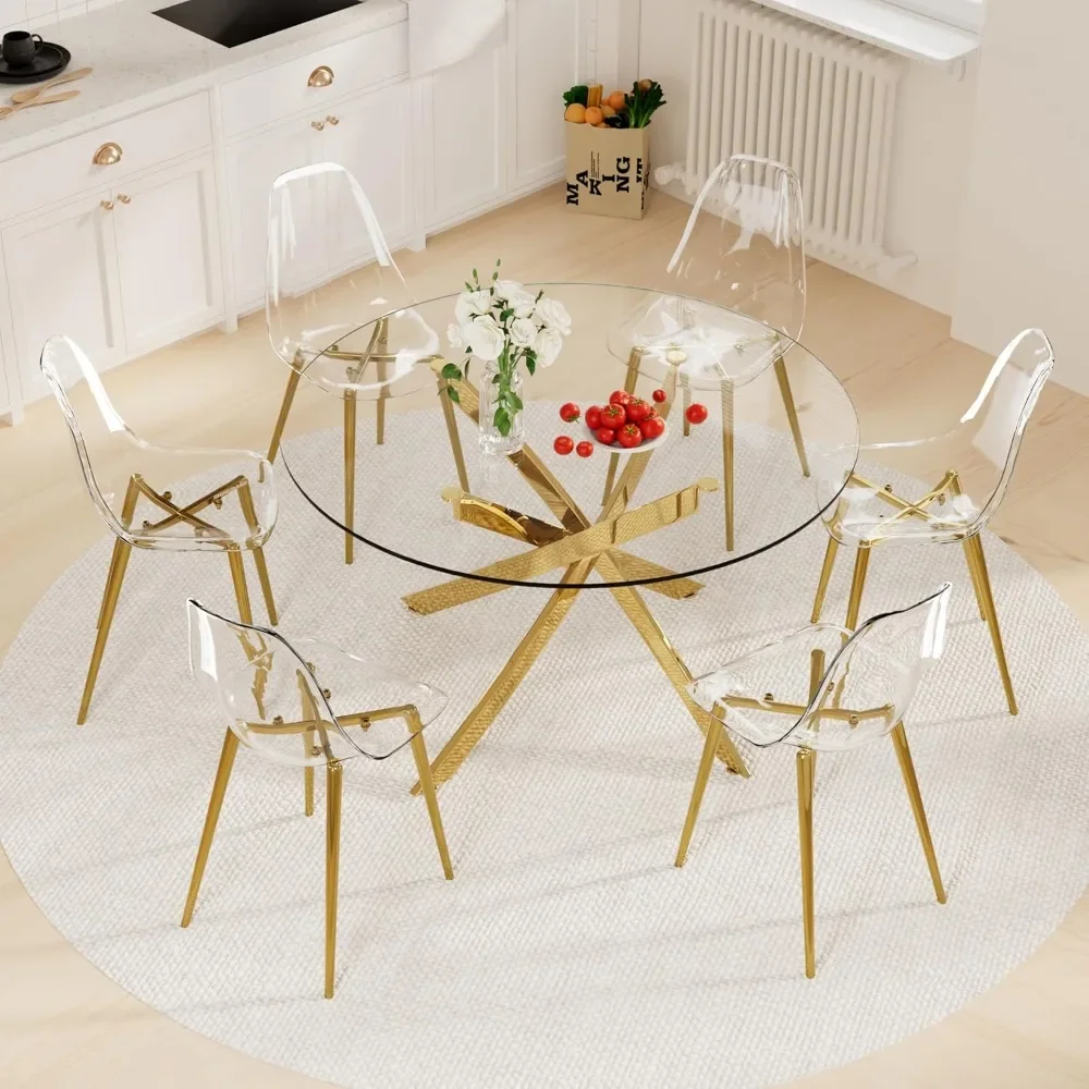 Clear Round Glass Dining Table Set for 6, 7 Piece Circle Kitchen Table Set, 47'' Modern Circular Dining Room Table Set
Clear Round Glass Dining Table Set for 6, 7 Piece Circle Kitchen Table Set, 47'' Modern Circular Dining Room Table Set