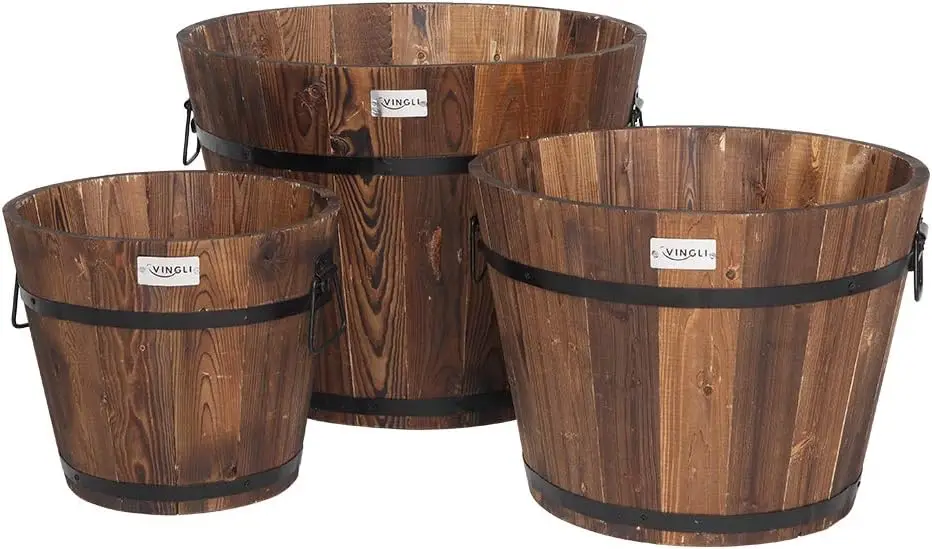 3 PCS Large Wooden Planter Barrel Set, 11.5"(Dia)- 18"(Dia) Real Wood Indoor/Outdoor Flower Pot w/Drainage Holes
3 PCS Large Wooden Planter Barrel Set, 11.5"(Dia)- 18"(Dia) Real Wood Indoor/Outdoor Flower Pot w/Drainage Holes
