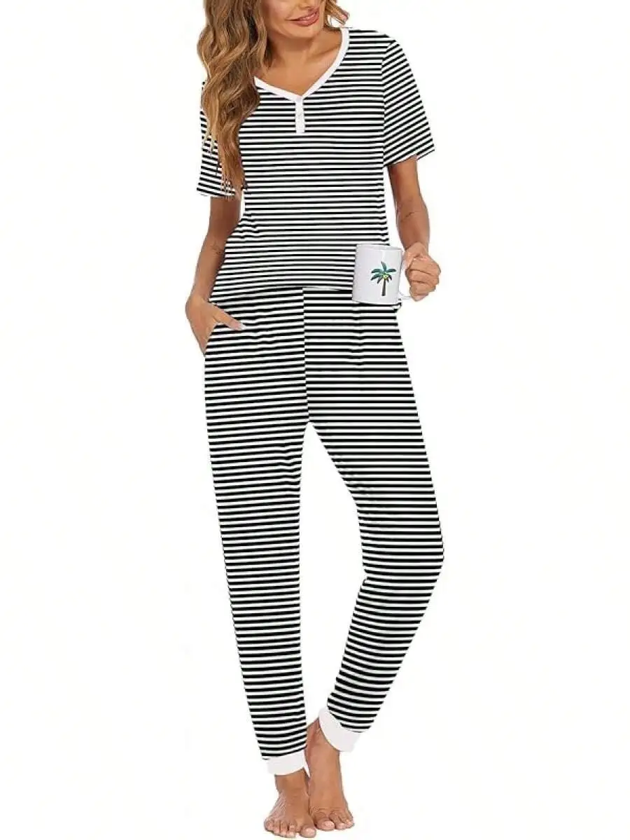 Women 2 Piece Striped Lounge Set Short Sleeve Top And Jogger Pants With Pockets
Women 2 Piece Striped Lounge Set Short Sleeve Top And Jogger Pants With Pockets