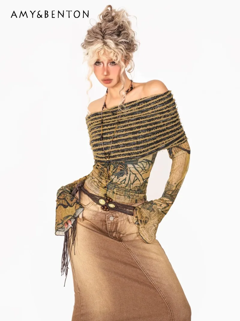 2025 New American Retro Wandering Style Long-sleeved T-shirt Sexy Hot Knitted One-word Shoulder Splicing Mesh Top For Women
2025 New American Retro Wandering Style Long-sleeved T-shirt Sexy Hot Knitted One-word Shoulder Splicing Mesh Top For Women