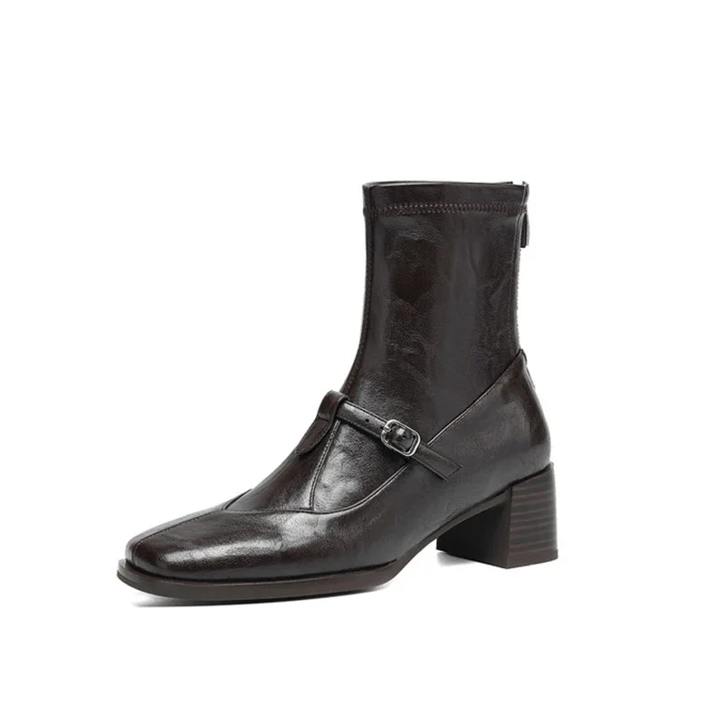 Women's Brown Ankle Boots T-trap Buckle Stretch Patchwork Leather Ladies Shoes With Zip Square Toe Medium Heels Phoentin FT4221
Women's Brown Ankle Boots T-trap Buckle Stretch Patchwork Leather Ladies Shoes With Zip Square Toe Medium Heels Phoentin FT4221