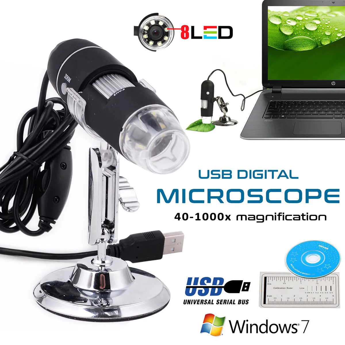 USB Digital Microscope Portable 2.0mp 40X-1000X Handheld Electronic Magnifier Adjustable 8 LED Lights for Inspection Video