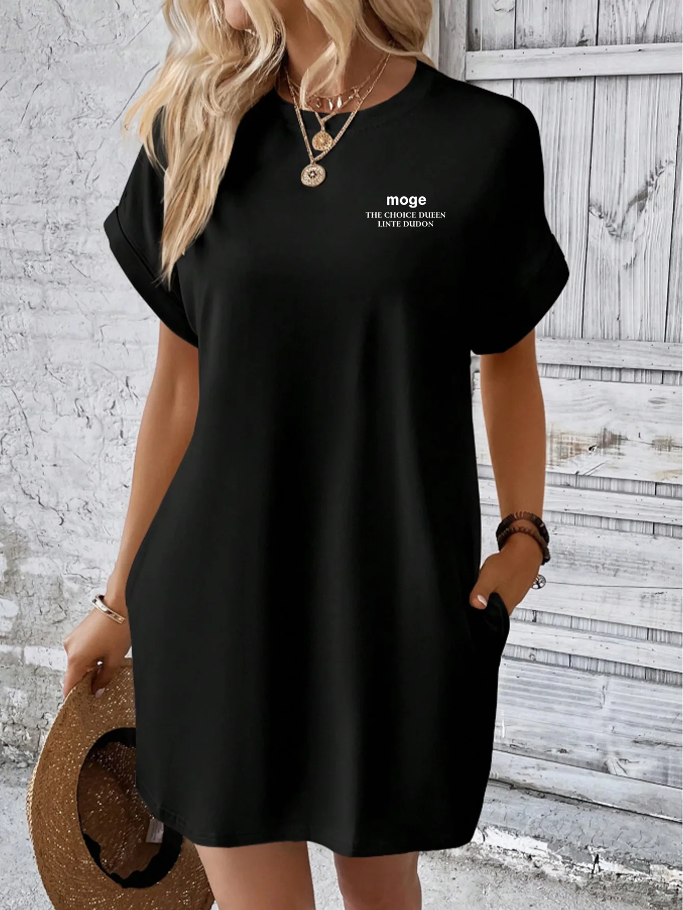 Women's high-end black crew neck dress, premium Sorona fabric, with front letter print & back angel wings print.
Women's high-end black crew neck dress, premium Sorona fabric, with front letter print & back angel wings print.