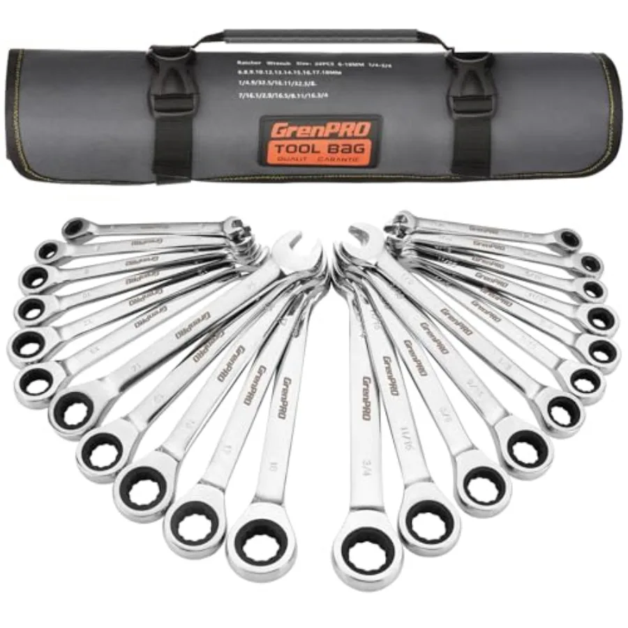 Ratcheting Wrench Set, Combination Wrench Set, 22-Piece SAE and Metric and Standard, 72Th Long Open End, 1/4" to 3/4" and 6-18m
Ratcheting Wrench Set, Combination Wrench Set, 22-Piece SAE and Metric and Standard, 72Th Long Open End, 1/4" to 3/4" and 6-18m