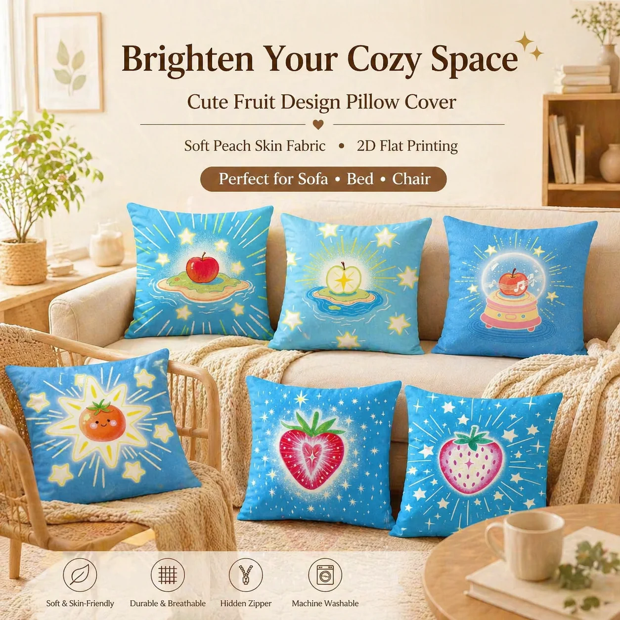 2D Flat Printed Cute Fruit Apple Strawberry Starry Blue Pillow Cover Soft Peach Skin Throw Cushion Case Living Room Bed Decor
2D Flat Printed Cute Fruit Apple Strawberry Starry Blue Pillow Cover Soft Peach Skin Throw Cushion Case Living Room Bed Decor