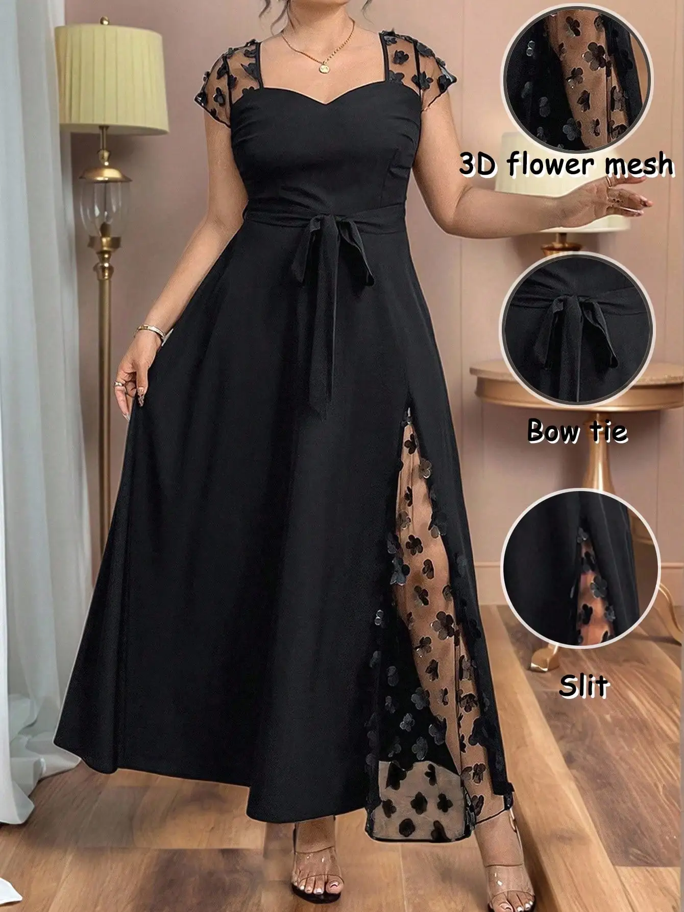 Черное макси-платье с 3D-цветочными сетчатыми рукавами, боковым разрезом и завязками на талии
Черное макси-платье с 3D-цветочными сетчатыми рукавами, боковым разрезом и завязками на талии