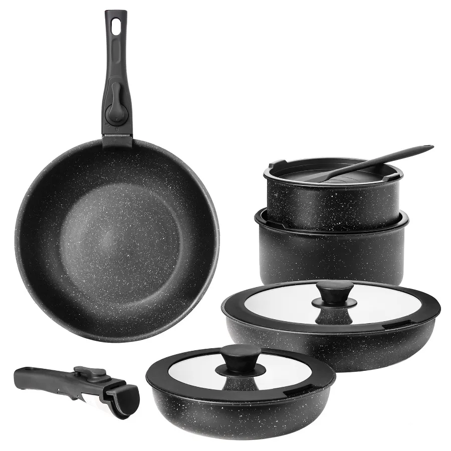 12pcs Non-Stick Cookware Set Pots and Pans Set with Spatula and Detachable Handle for Kitchen Black
12pcs Non-Stick Cookware Set Pots and Pans Set with Spatula and Detachable Handle for Kitchen Black