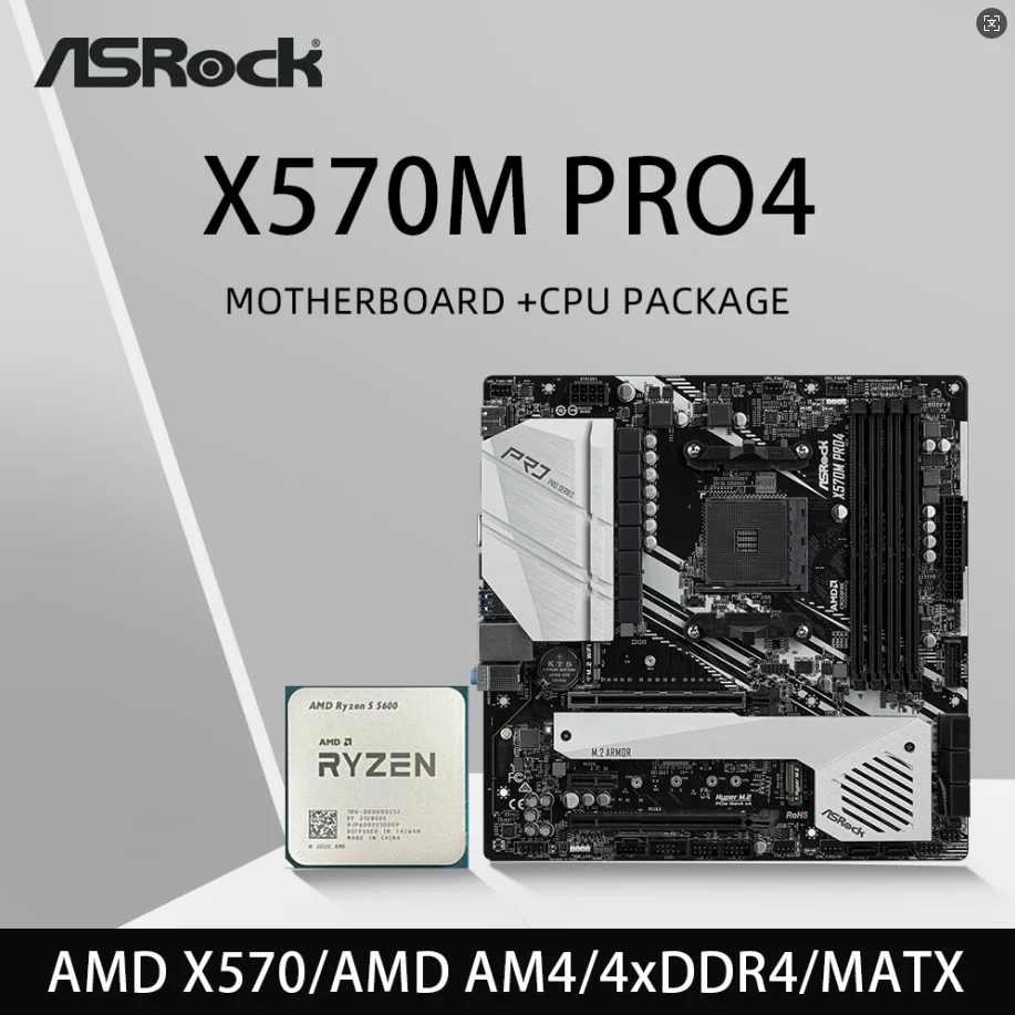 ASRock X570 Motherboard Set Kit with Ryzen 5 5600 CPU X570M Pro4 Motherboard 4xDDR4 M.2 NVME HDMI RGB USB MATX AM4 Mainboard
ASRock X570 Motherboard Set Kit with Ryzen 5 5600 CPU X570M Pro4 Motherboard 4xDDR4 M.2 NVME HDMI RGB USB MATX AM4 Mainboard