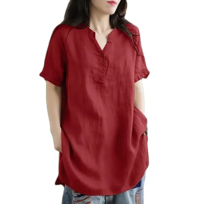 Women Solid Color Longer Shirt Summer V Neck Pullover Button Splicing Blouse Female Comfortable Commuter Loose Short Sleeve Tops
Women Solid Color Longer Shirt Summer V Neck Pullover Button Splicing Blouse Female Comfortable Commuter Loose Short Sleeve Tops