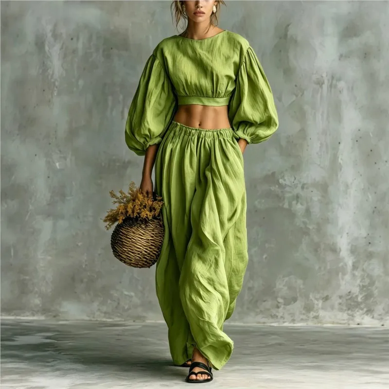 Fashion Short Top+wide Leg Pants Female Two-piece Set Summer Casual Solid Bubble Sleeve Top Suit With Pockets Lady Office Outfit
Fashion Short Top+wide Leg Pants Female Two-piece Set Summer Casual Solid Bubble Sleeve Top Suit With Pockets Lady Office Outfit