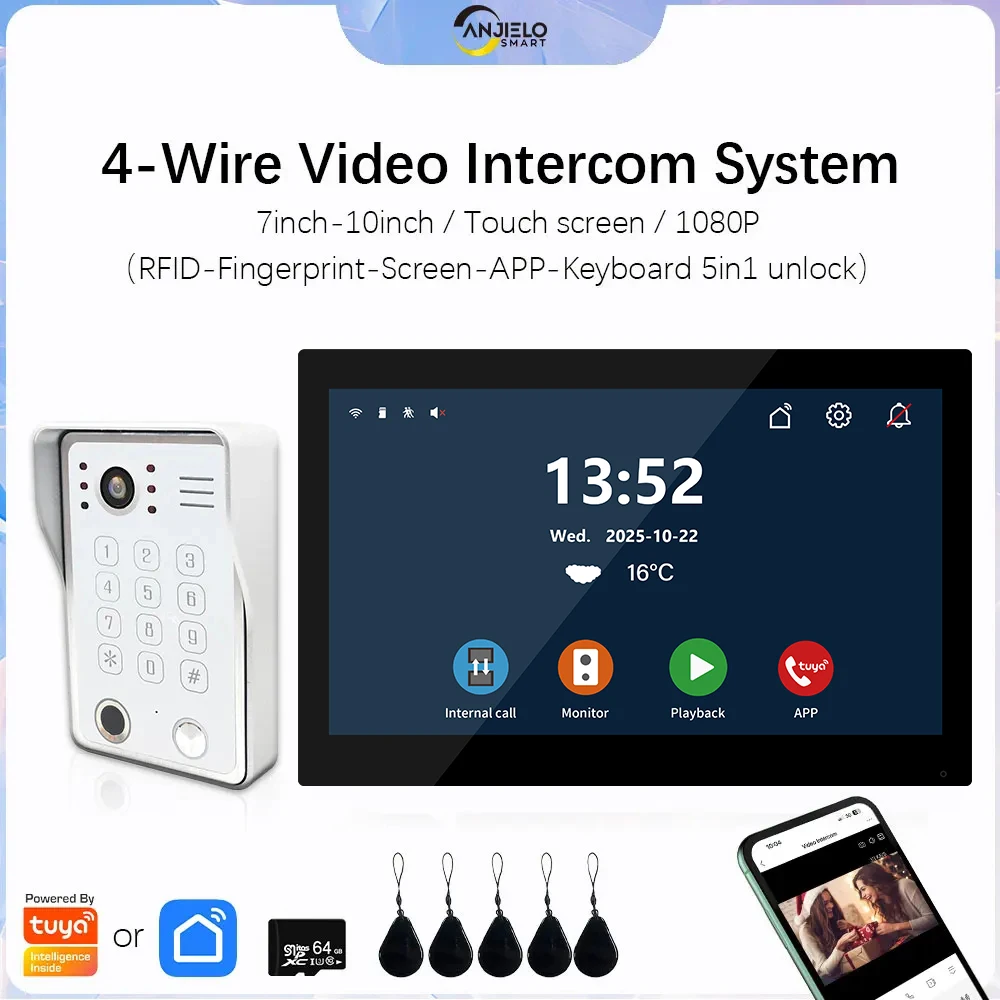 ANJIELO 10inch 5in1Unlock Video entry Doorphone intercome system home 1080P Touch Wifi monitor inter cam doorbell Tuya Smart
ANJIELO 10inch 5in1Unlock Video entry Doorphone intercome system home 1080P Touch Wifi monitor inter cam doorbell Tuya Smart