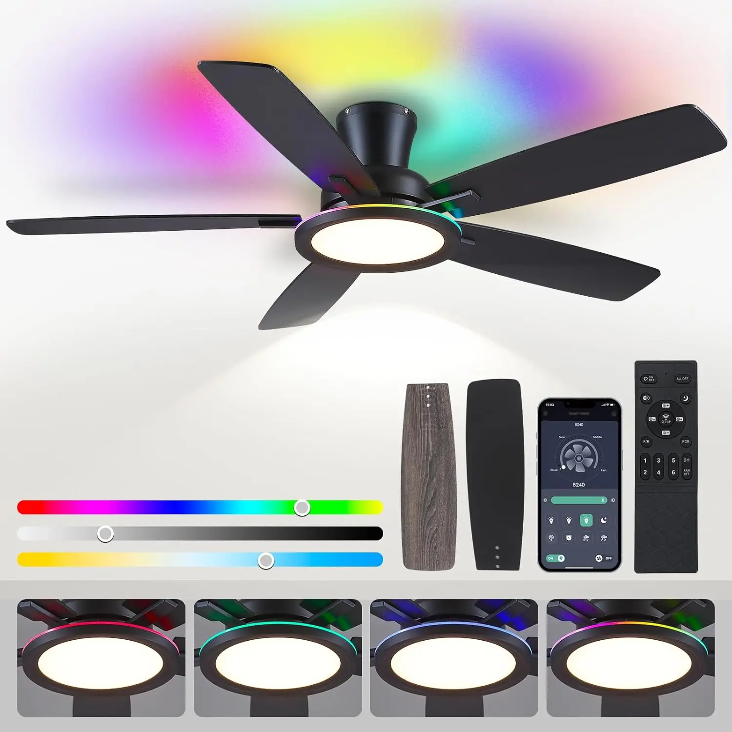 Flush Mount Ceiling Fan with RGB Light - 52In Black Ceiling Fan Light with Reversible Mute Motor, LED 3CCT Dimmable, Low Profile
Flush Mount Ceiling Fan with RGB Light - 52In Black Ceiling Fan Light with Reversible Mute Motor, LED 3CCT Dimmable, Low Profile
