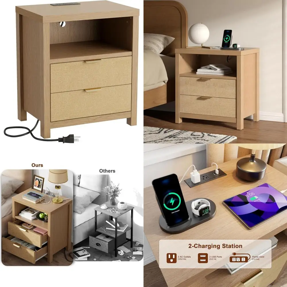 Bedroom Nightstand with Charging Station, 2 Drawers, Storage Shelf, Natural Oak Wood
Bedroom Nightstand with Charging Station, 2 Drawers, Storage Shelf, Natural Oak Wood