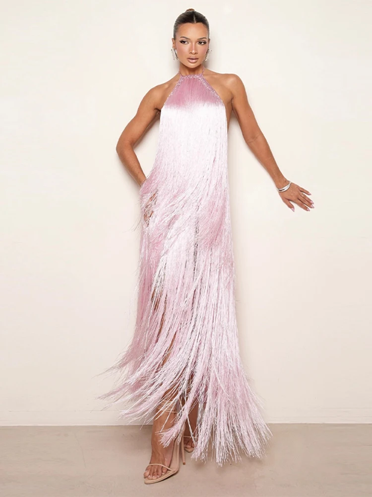 Halter Backless Tassel Maxi Dress For Women Gradient Pink White Long Fringe Gown Party Evening Christmas Lady Robes
Halter Backless Tassel Maxi Dress For Women Gradient Pink White Long Fringe Gown Party Evening Christmas Lady Robes
