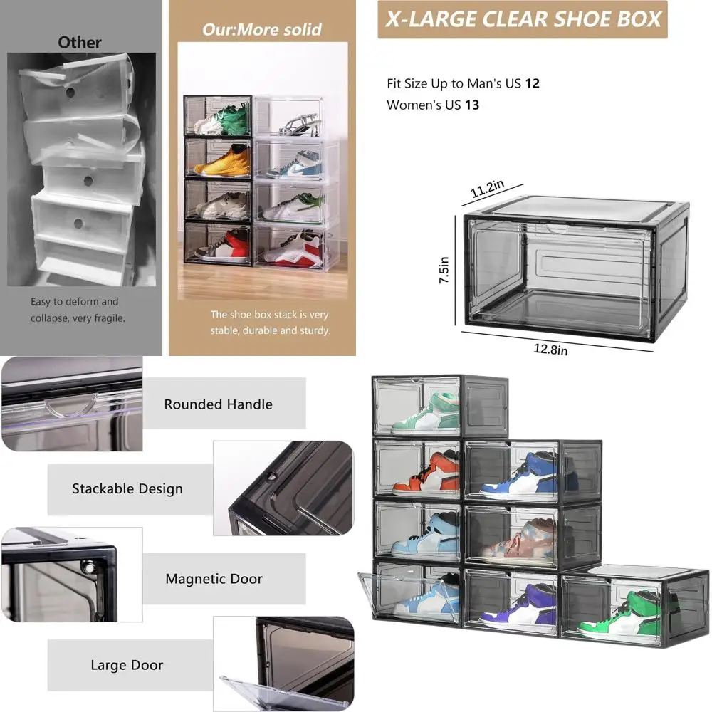 Large Clear Stackable Shoe Storage Boxes, 8-Pack, Thick Plastic with Drop Front Magnetic Door for Sneaker Display
Large Clear Stackable Shoe Storage Boxes, 8-Pack, Thick Plastic with Drop Front Magnetic Door for Sneaker Display