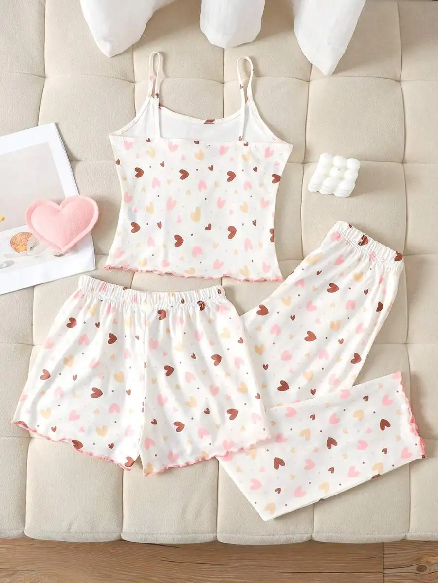 Womens Heart Print 3-Piece Pajama Set Sleeveless Camisole Shorts And Long Pants Loungewear
Womens Heart Print 3-Piece Pajama Set Sleeveless Camisole Shorts And Long Pants Loungewear