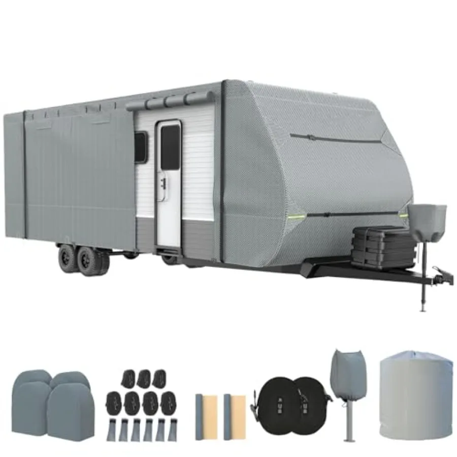 RV Cover for 20-22 FT Travel Trailers, 7-Layer Waterproof Polyethylene, Gray, Windproof with 4 Tire Covers, Tongue Jack Cover,
RV Cover for 20-22 FT Travel Trailers, 7-Layer Waterproof Polyethylene, Gray, Windproof with 4 Tire Covers, Tongue Jack Cover,