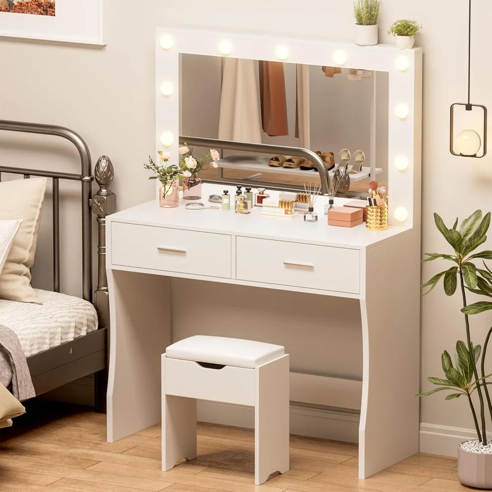 Vanity Desk with Mirror Makeup Table with 11 Adjustable Lights and 2 Drawers Soft-Padded Storage Stool Makeup Set for Bedroom
Vanity Desk with Mirror Makeup Table with 11 Adjustable Lights and 2 Drawers Soft-Padded Storage Stool Makeup Set for Bedroom