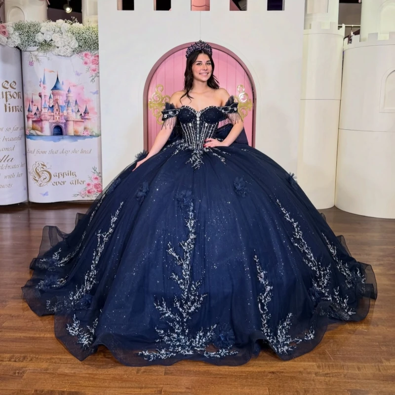 Navy Blue Shiny Ball Gown Quinceanera Dresses Applique Flower Beading Crystal Bow Tull Corset Off The Shoulder Sweet 16 Dres
Navy Blue Shiny Ball Gown Quinceanera Dresses Applique Flower Beading Crystal Bow Tull Corset Off The Shoulder Sweet 16 Dres