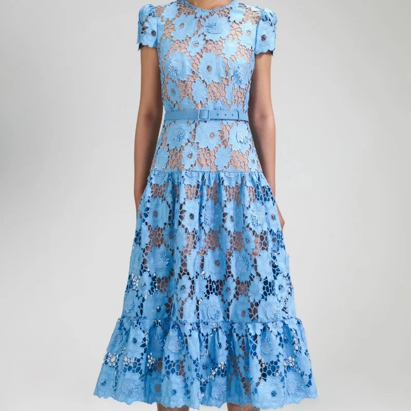 2024 Spring Blue Sweet Hollow Out Holes Embroidery Short Sleeve Midi Dress for Women
2024 Spring Blue Sweet Hollow Out Holes Embroidery Short Sleeve Midi Dress for Women