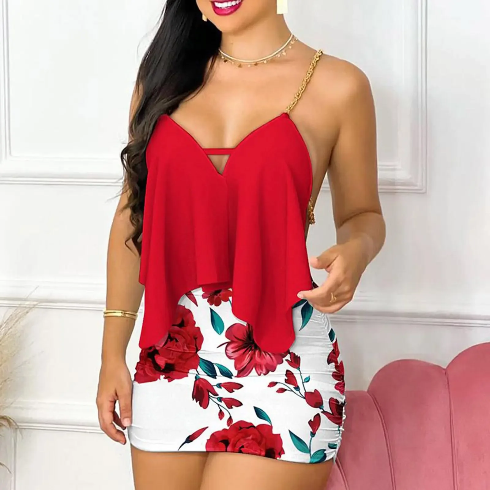 Womens Dresses Summer Fashion Floral Print Asymmetrical Chain Strap Sexy Backless V-Neck Sleeveless Bodycon Mini Dress Sets 2025
Womens Dresses Summer Fashion Floral Print Asymmetrical Chain Strap Sexy Backless V-Neck Sleeveless Bodycon Mini Dress Sets 2025