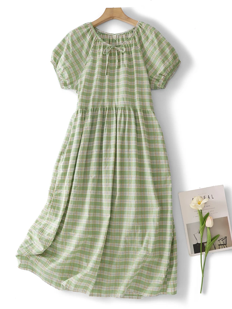 Casual Plaid Short Sleeve U-Neck Dress Women Summer Vacation Style A-Line Long Dress High Waist Loose Fit Daily Wear
Casual Plaid Short Sleeve U-Neck Dress Women Summer Vacation Style A-Line Long Dress High Waist Loose Fit Daily Wear