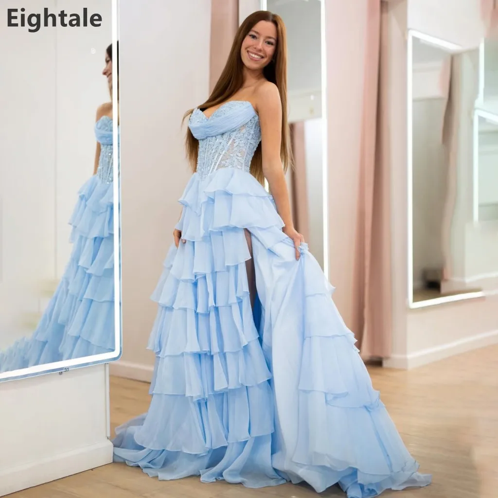 Eightale Light Blue Sweetheart Lace Corset Bodice Ruffled Chiffon Tiered Prom Dresses Slit Formal Evening Party Gowns Customized
Eightale Light Blue Sweetheart Lace Corset Bodice Ruffled Chiffon Tiered Prom Dresses Slit Formal Evening Party Gowns Customized