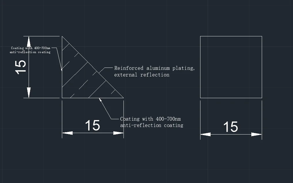 15mm Optical glass 45-degree right-angle prism, right-angle surface coated with anti-reflection film, 4 measuring reflection
15mm Optical glass 45-degree right-angle prism, right-angle surface coated with anti-reflection film, 4 measuring reflection